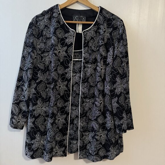 VTG Alex Evenings 2 Piece Set 2X Black White Lignt Blue Floral Sparkle JacketTop - Picture 1 of 16